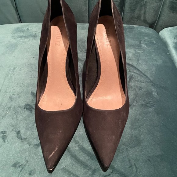 Schutz 10.5B "Lou" Microsuede Pointed Toe Black Pumps - Picture 3 of 5